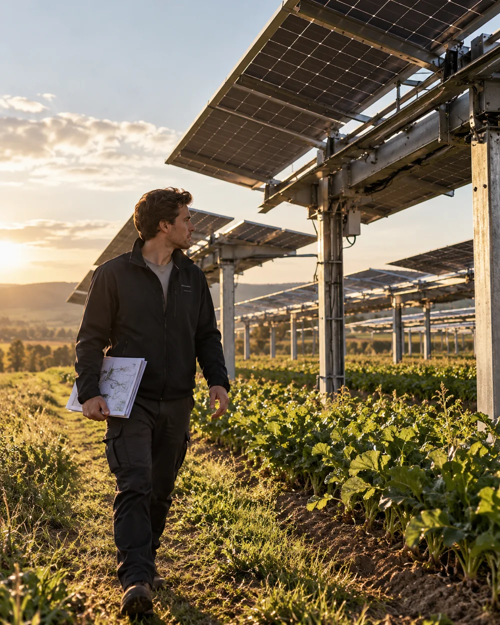 Projektmitarbeiter kontrolliert eine Agri-PV-Anlage im Feld